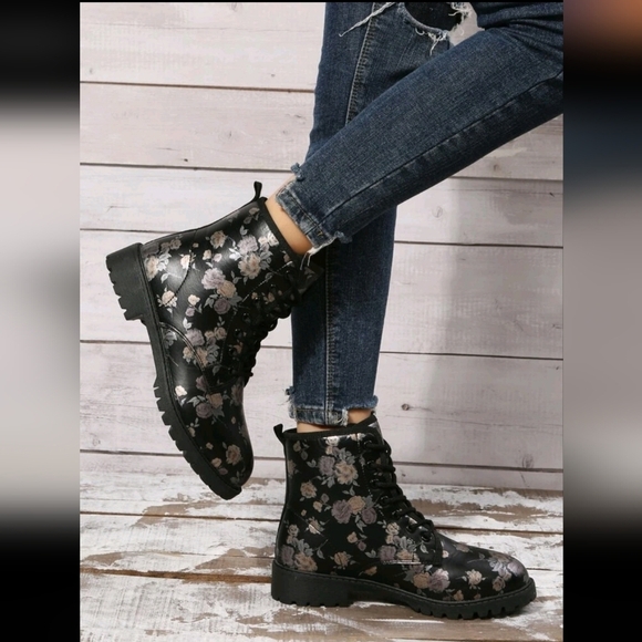 None Shoes - Black Floral Lace Up Combat Boots, New In Box, Size 10